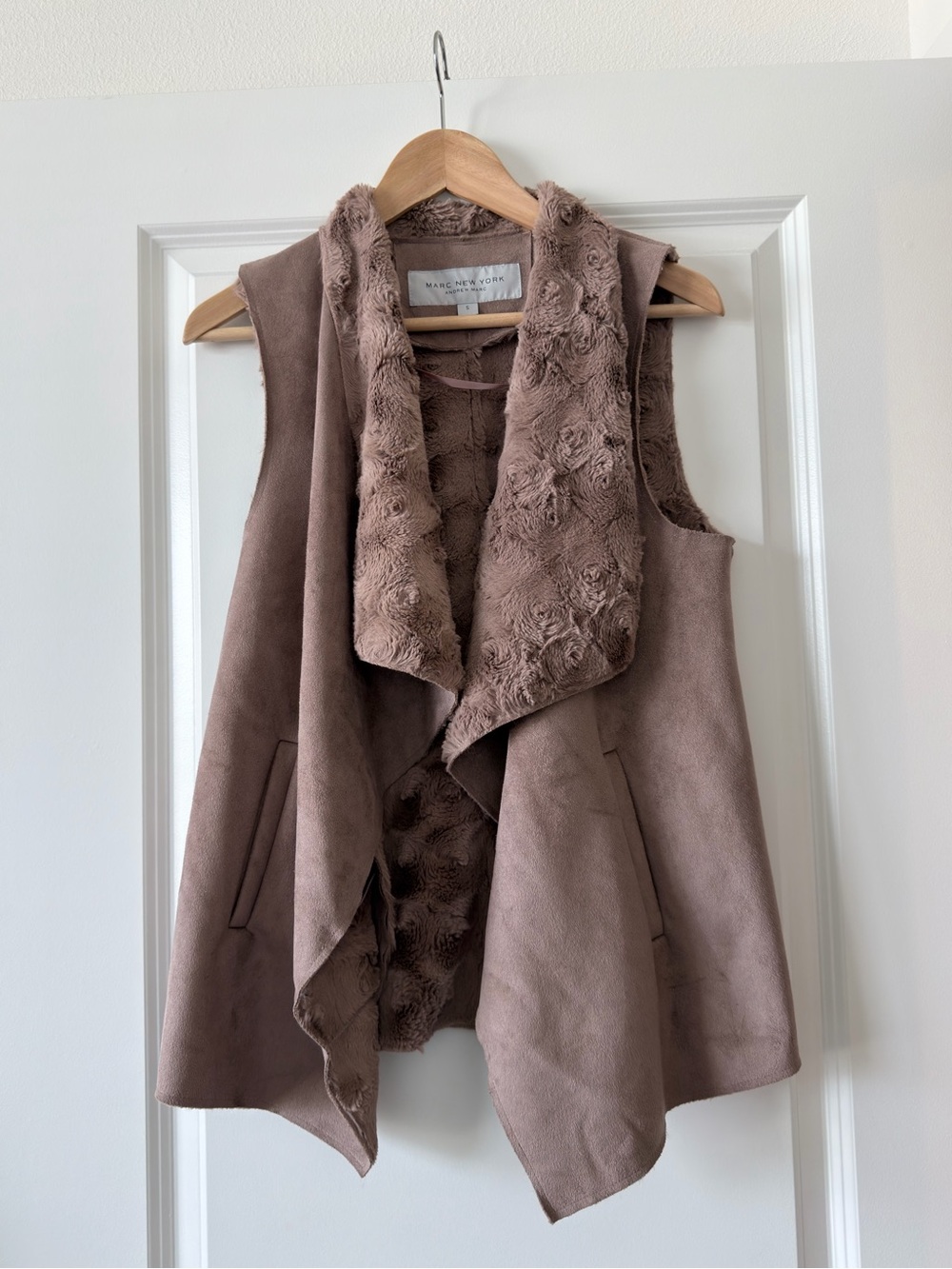 Marc New York Taupe Draped Faux-Suede Vest with Faux-Fur Trim